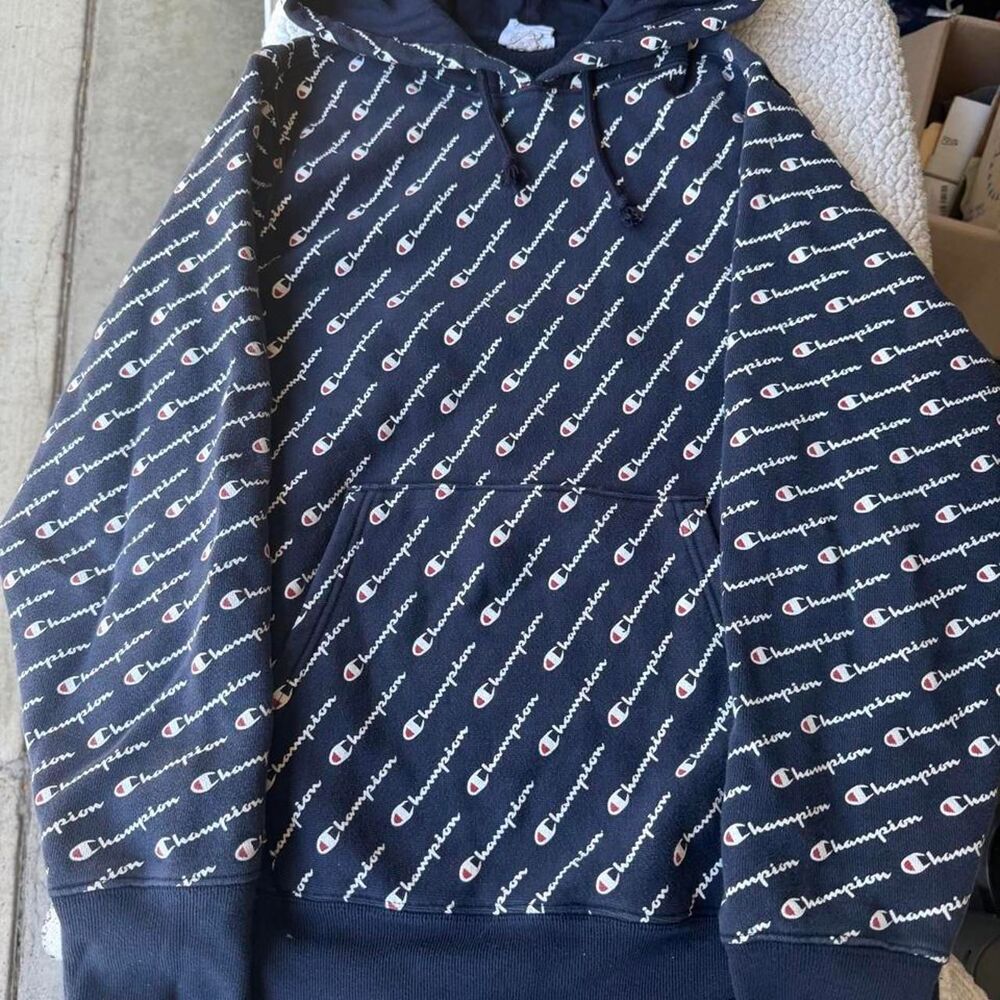 Champion Men's Navy and Black Hoodie-Size Med